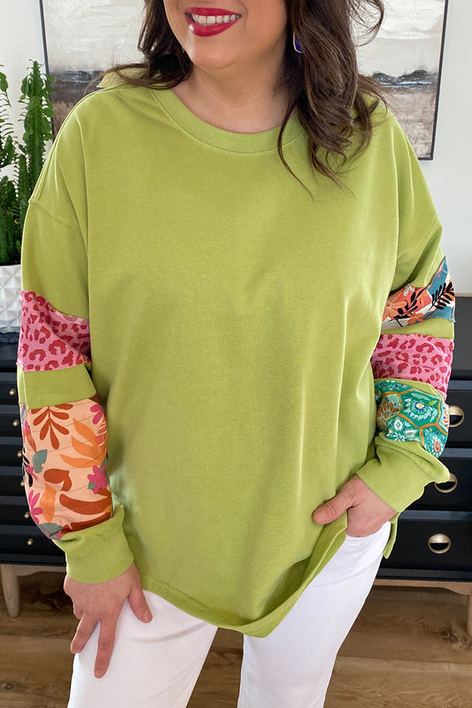 Green Patchwork Sleeve Split Sweatshirt. PSCollection