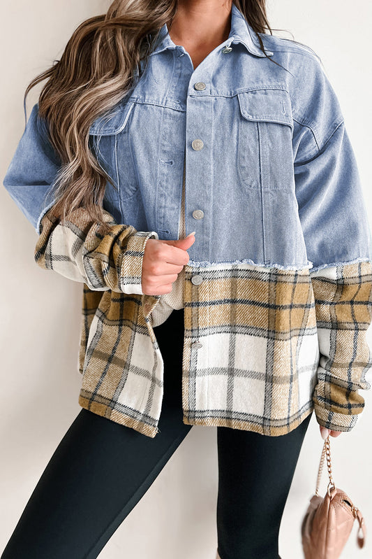 Khaki Plaid Patchwork Buttoned Oversized Denim Jacket. GCollection