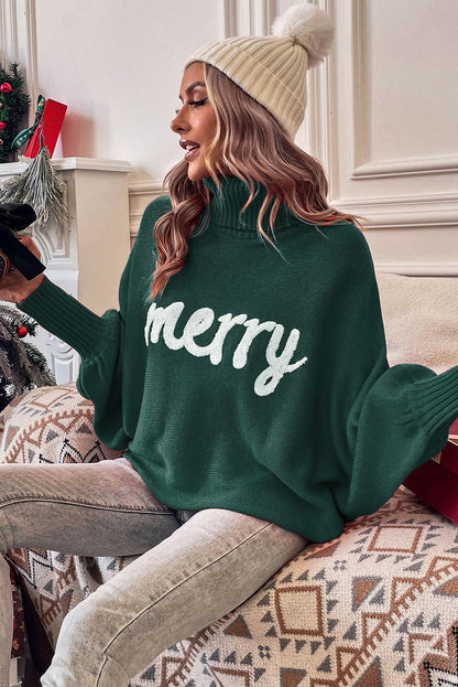 Green Merry Letter Embroidered High Neck Sweater. GCollection