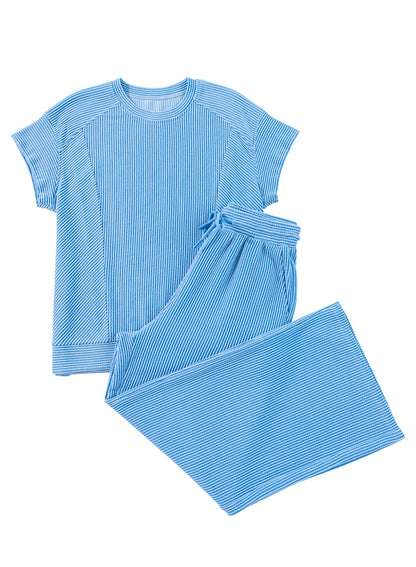 Blue Solid Corded Knit Short Sleeve Set. GCollection