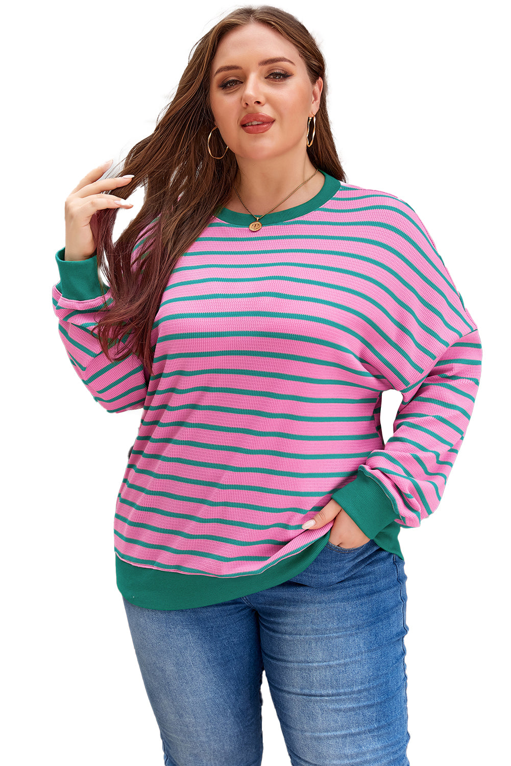 Pink Stripe Waffle Knit Crew Neck Plus Size Sweatshirt. PS Collection