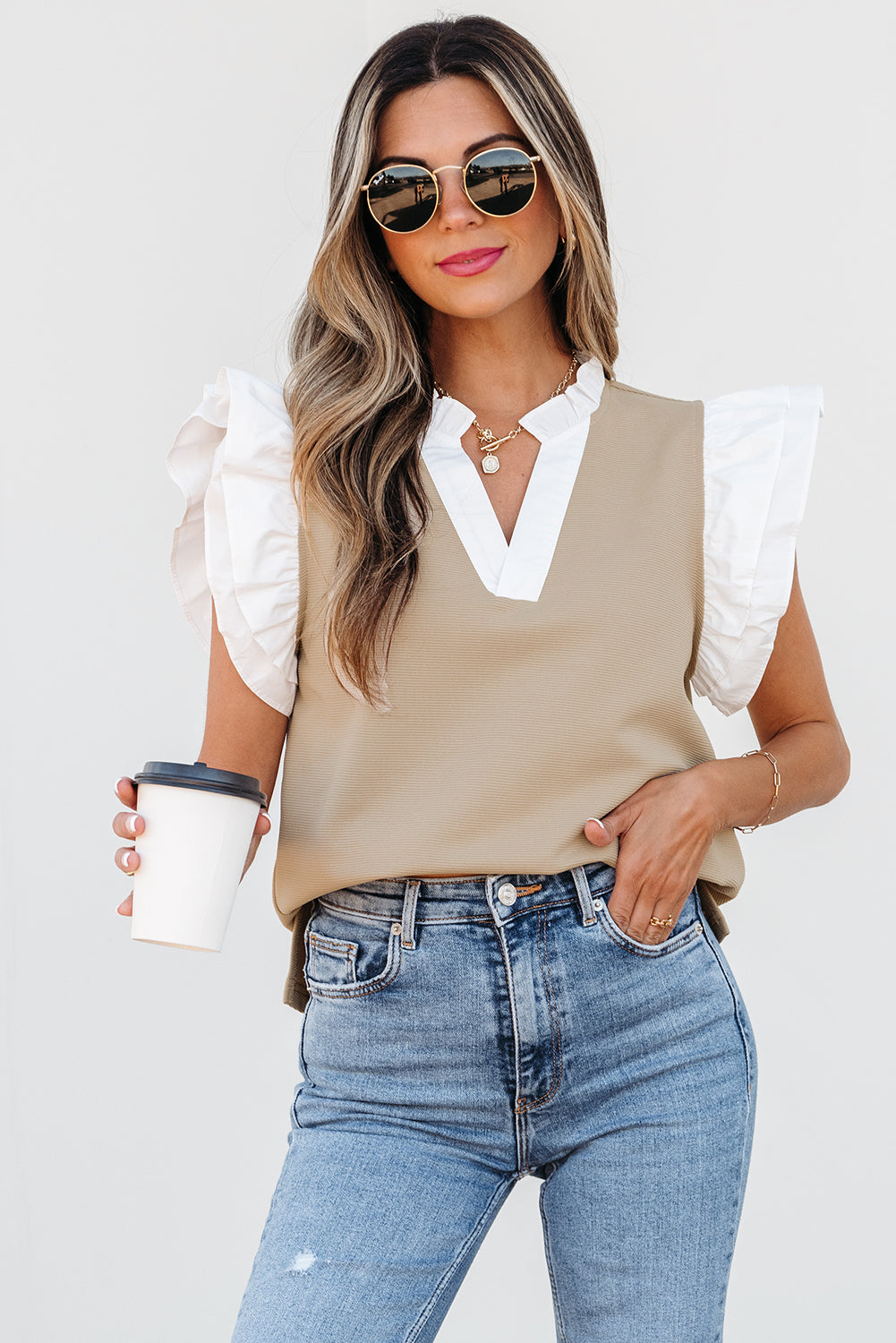 Pale Khaki Contrast V Neck Ruffled Textured Knit Top. GCollection