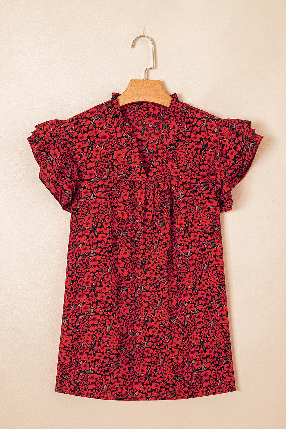 Red Rose Floral Print Ruffle Sleeve Plus Size Shift Top. PSCollection