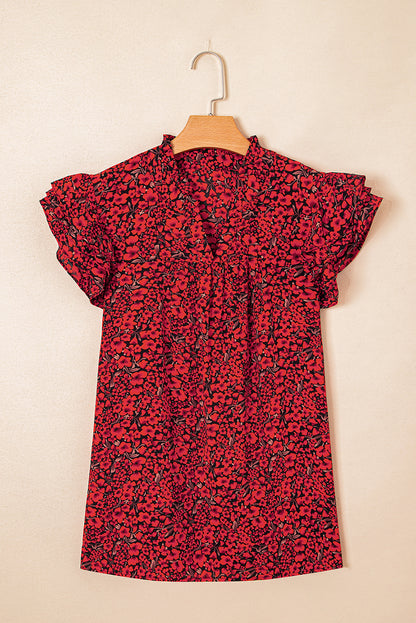 Red Rose Floral Print Ruffle Sleeve Plus Size Shift Top. PSCollection