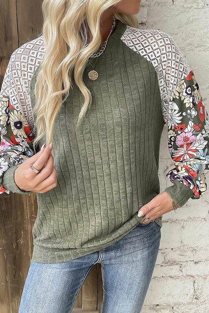 Green Floral Long Sleeve Ribbed Top. GCollection