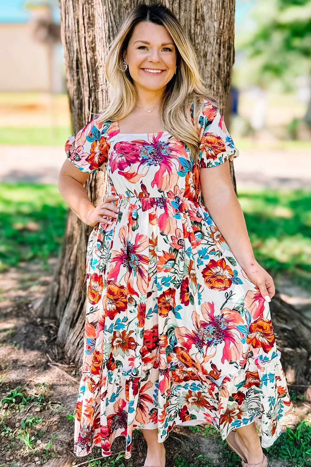 White Floral Square Neck Puff Sleeve Flowy Plus Size Midi Dress. PSCollection