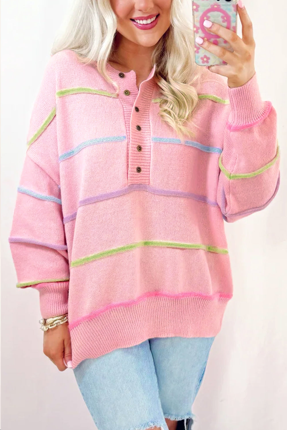 Pink Rainbow Stripes Drop Shoulder Baggy Sweater. GCollection