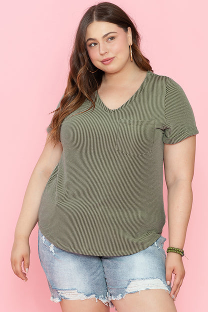 Mist Green Plus Corded V Neck Tee. PSCollection