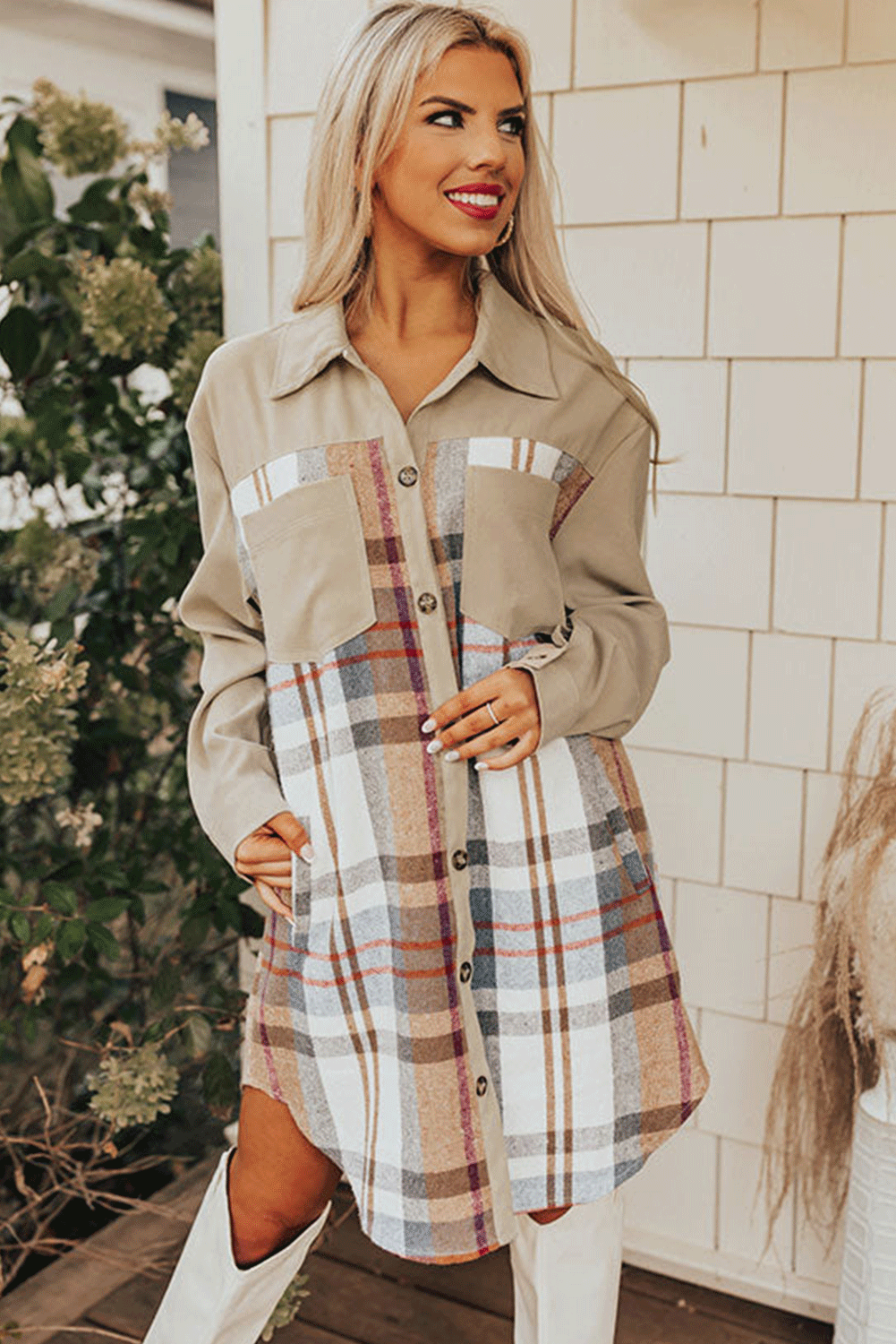 Khaki Plaid Long Sleeve Shirt Dress. GCollection