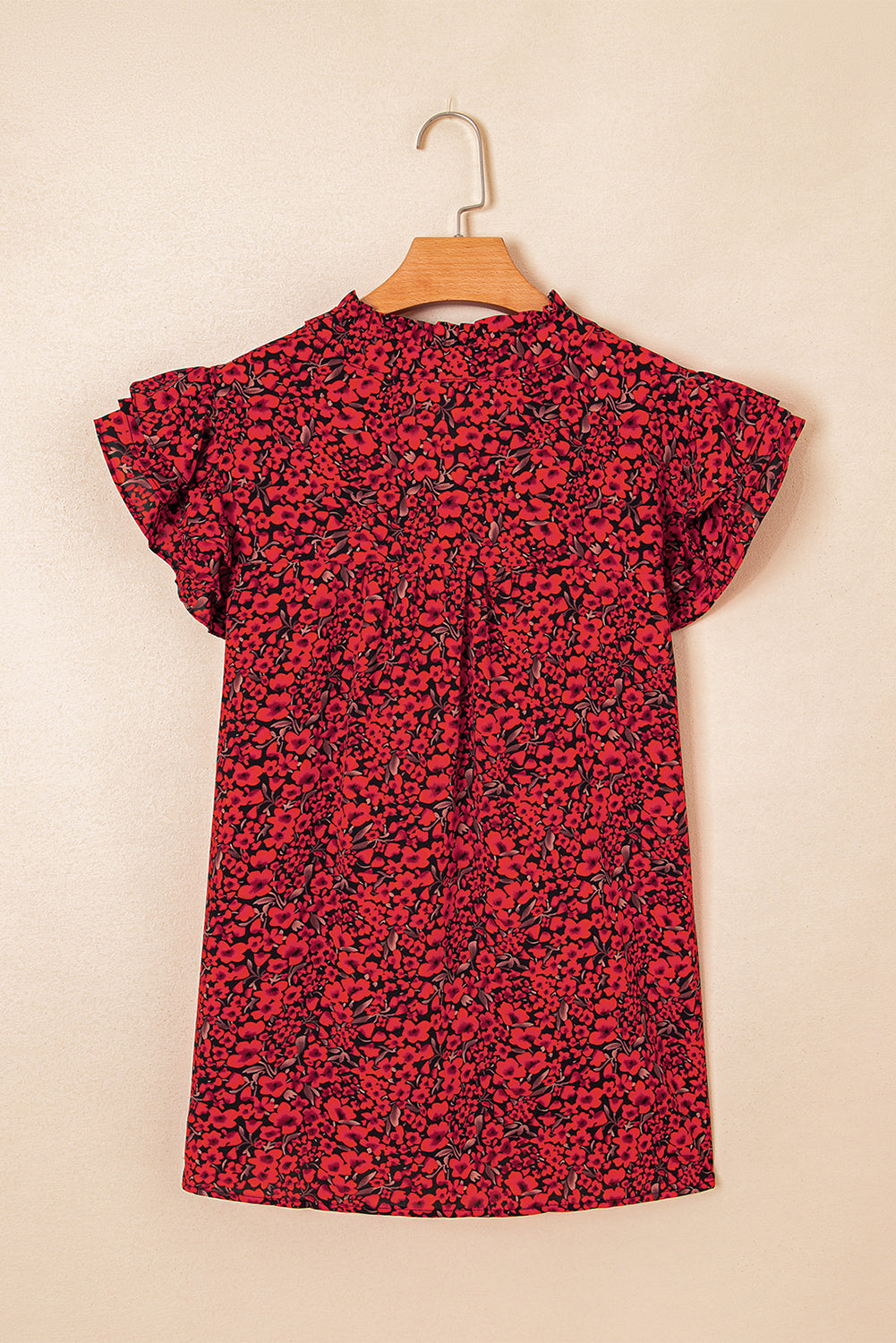 Red Rose Floral Print Ruffle Sleeve Plus Size Shift Top. PSCollection