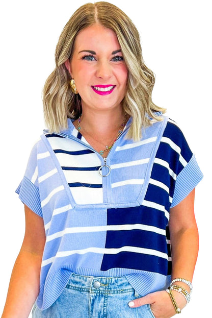 Sky Blue Stripe Colorblock Top