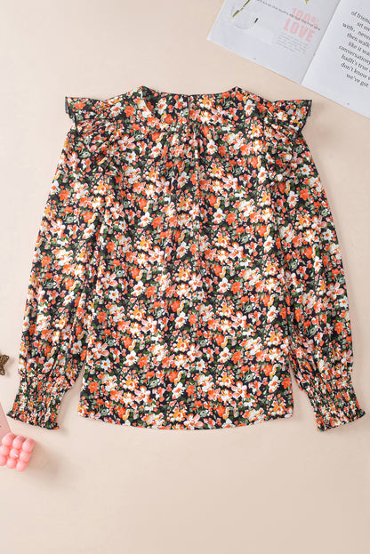 Orange Ruffle Trim Floral Blouse. GCollection