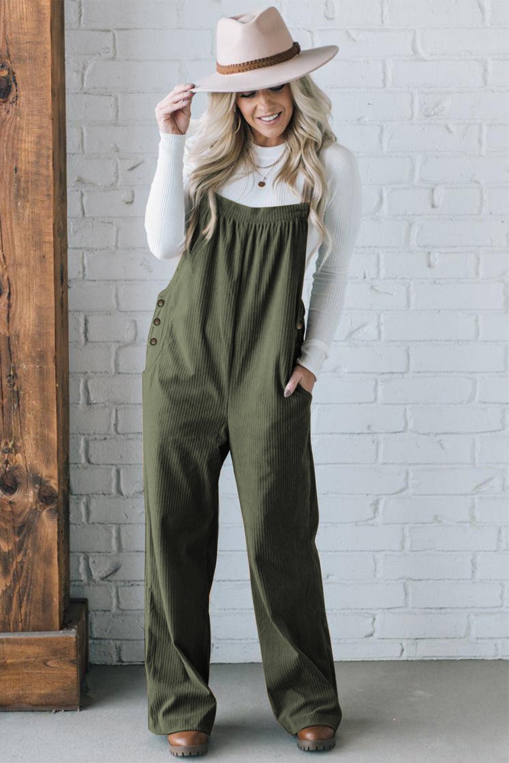 Jungle Green Solid Pocketed Loose Fit Corduroy Overall. GCollection