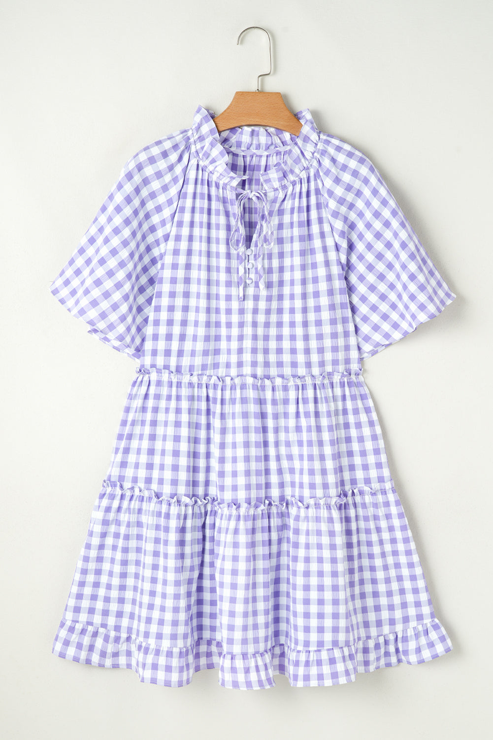 Plaid Ruffle Wide Short Sleeve Babydoll Mini Dress. GCollection