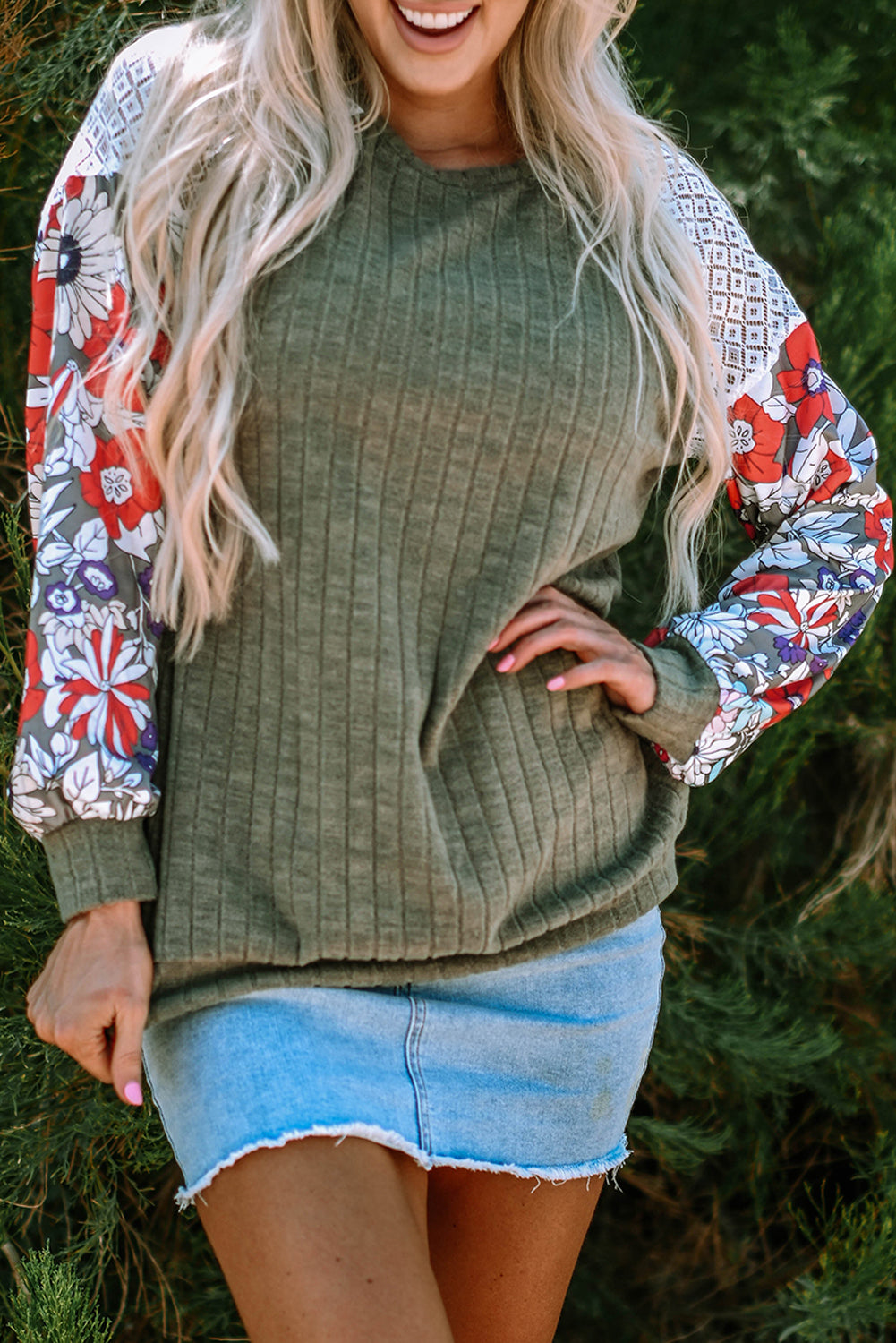 Green Floral Long Sleeve Ribbed Top. GCollection