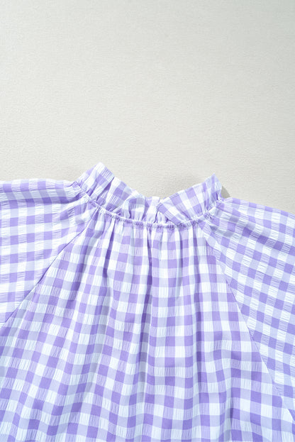 Plaid Ruffle Wide Short Sleeve Babydoll Mini Dress. GCollection