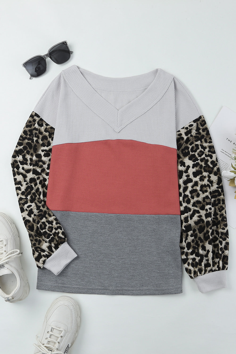 Leopard Contrast Sleeve Colorblock Waffle Knit Top. GCollection