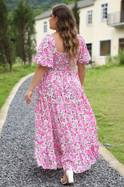 Pink Floral Print Smocked Puff Sleeve Dress. PSCollection