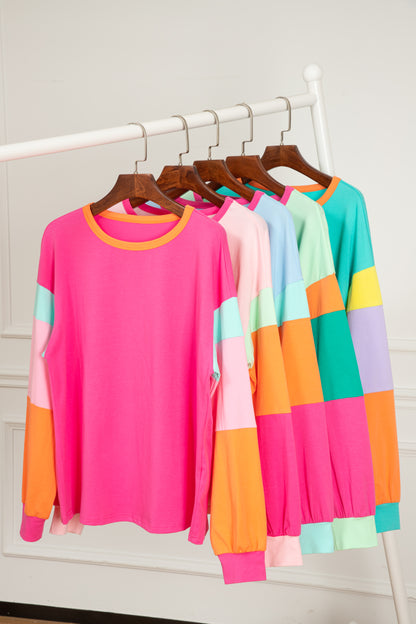 Rose Colorblock Long Sleeve Loose Top. GCollection