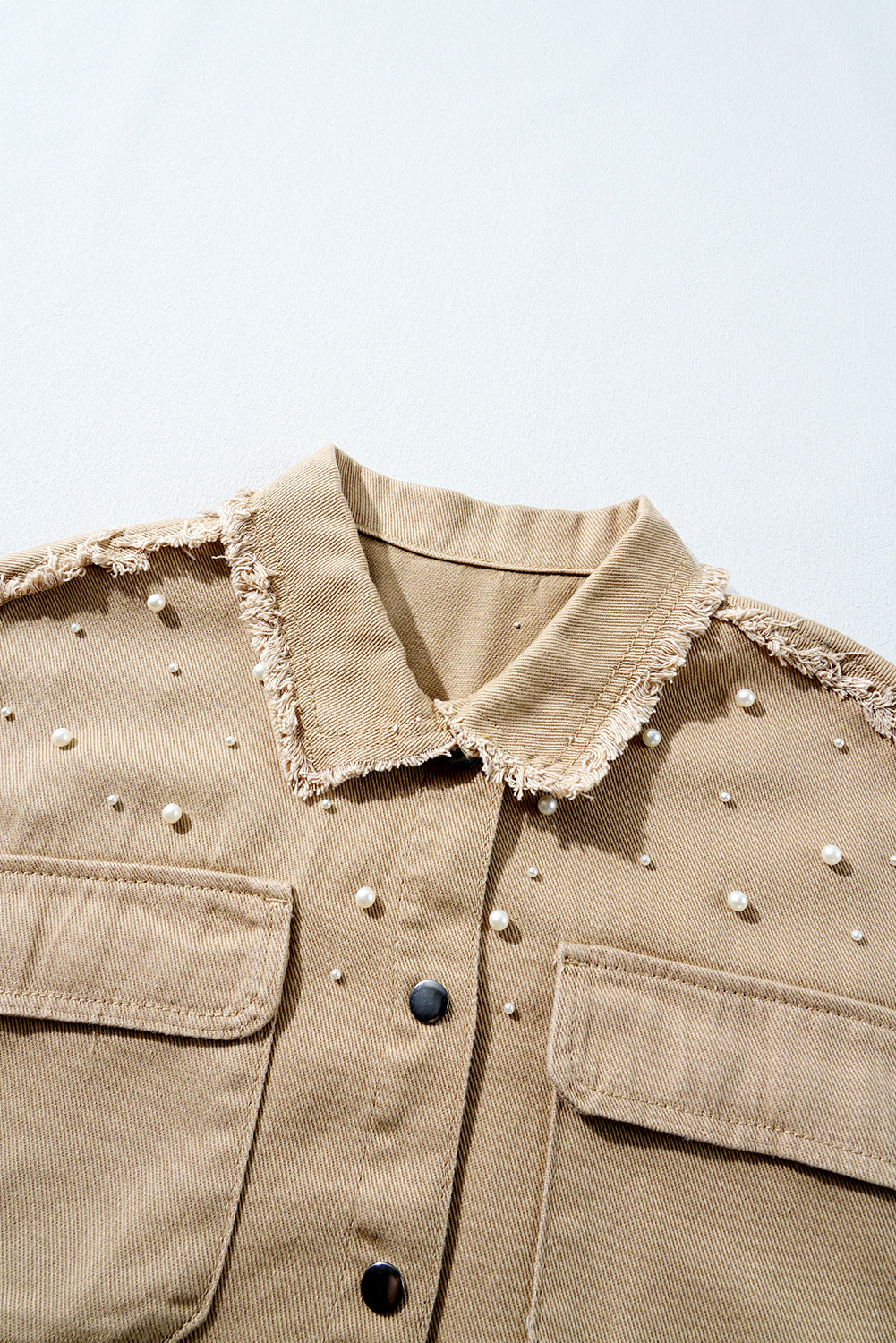 Khaki Pearl Beaded Button Up Denim Jacket. GCollection