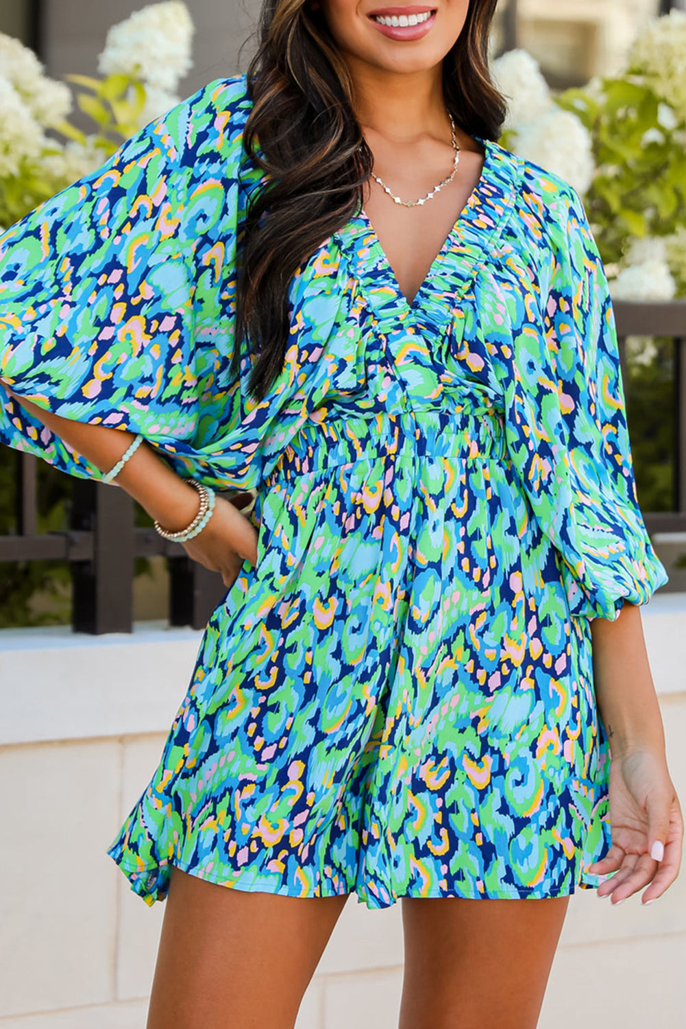 Green Abstract Print High Waist Romper. GCollection