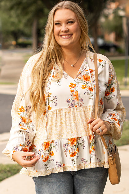 White Floral Print V Neck Puff Sleeve Blouse. PSCollection