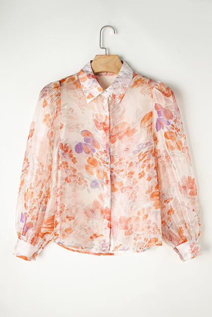 White Floral Print Balloon Sleeve Loose Shirt. GCollection