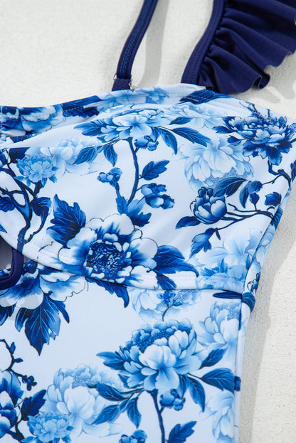 Blue Cutout Ruffled Spaghetti Strap One-Piece Swimwear. GCollection