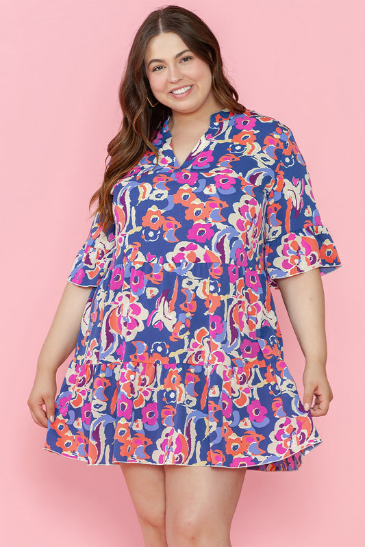 Floral Print Ruffled 3/4 Sleeve Mini Dress. PSCollection