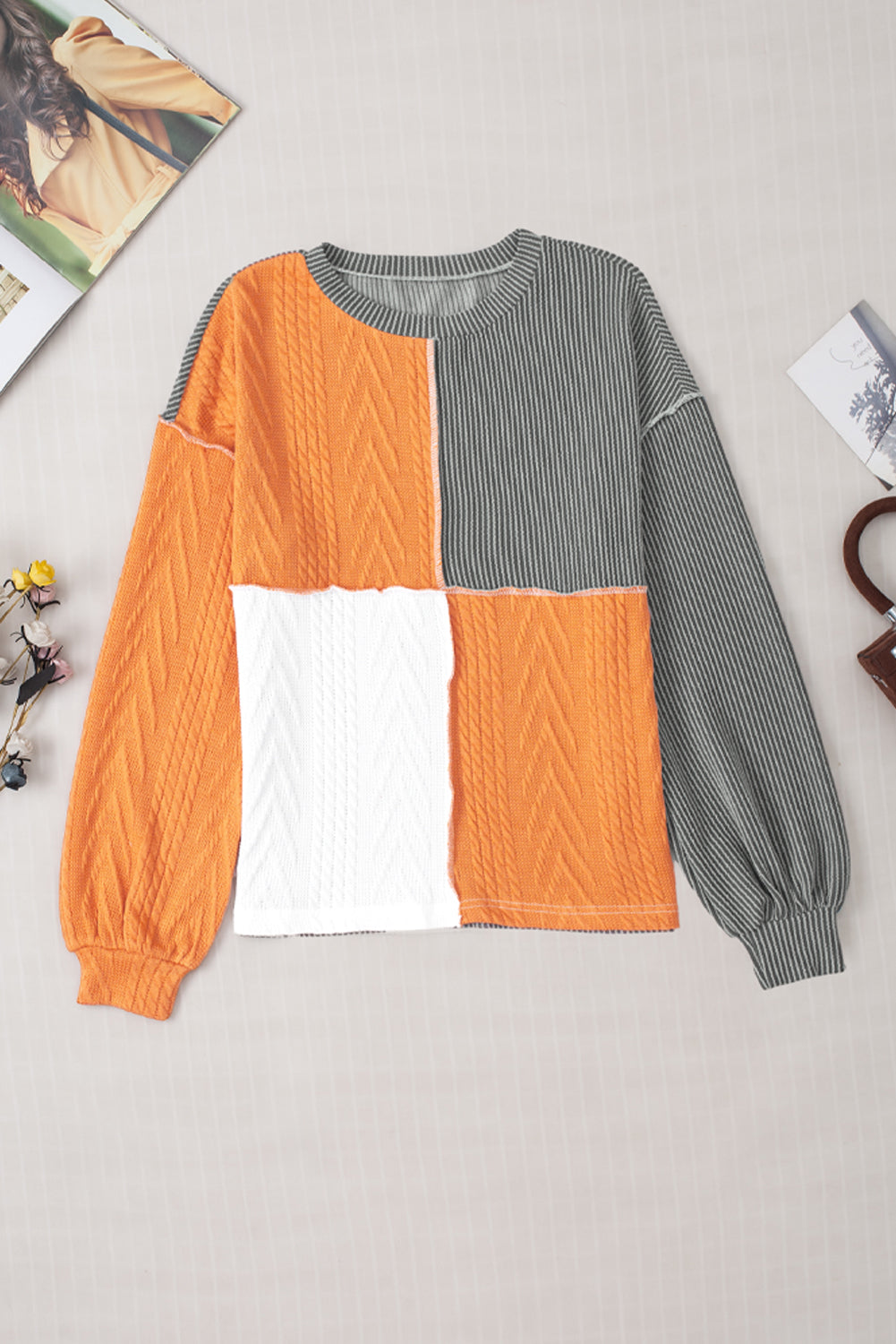 Orange Mixed Texture Color Block Long Sleeve Top. GCollection