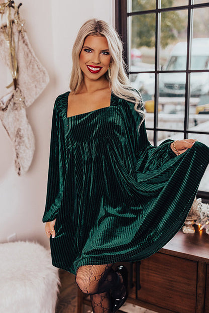 Green Square Neck Velvet Babydoll Dress. GCollection