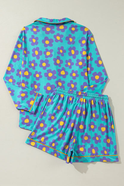 Teal Flower Print Long Sleeve Pajamas Set. GCollection