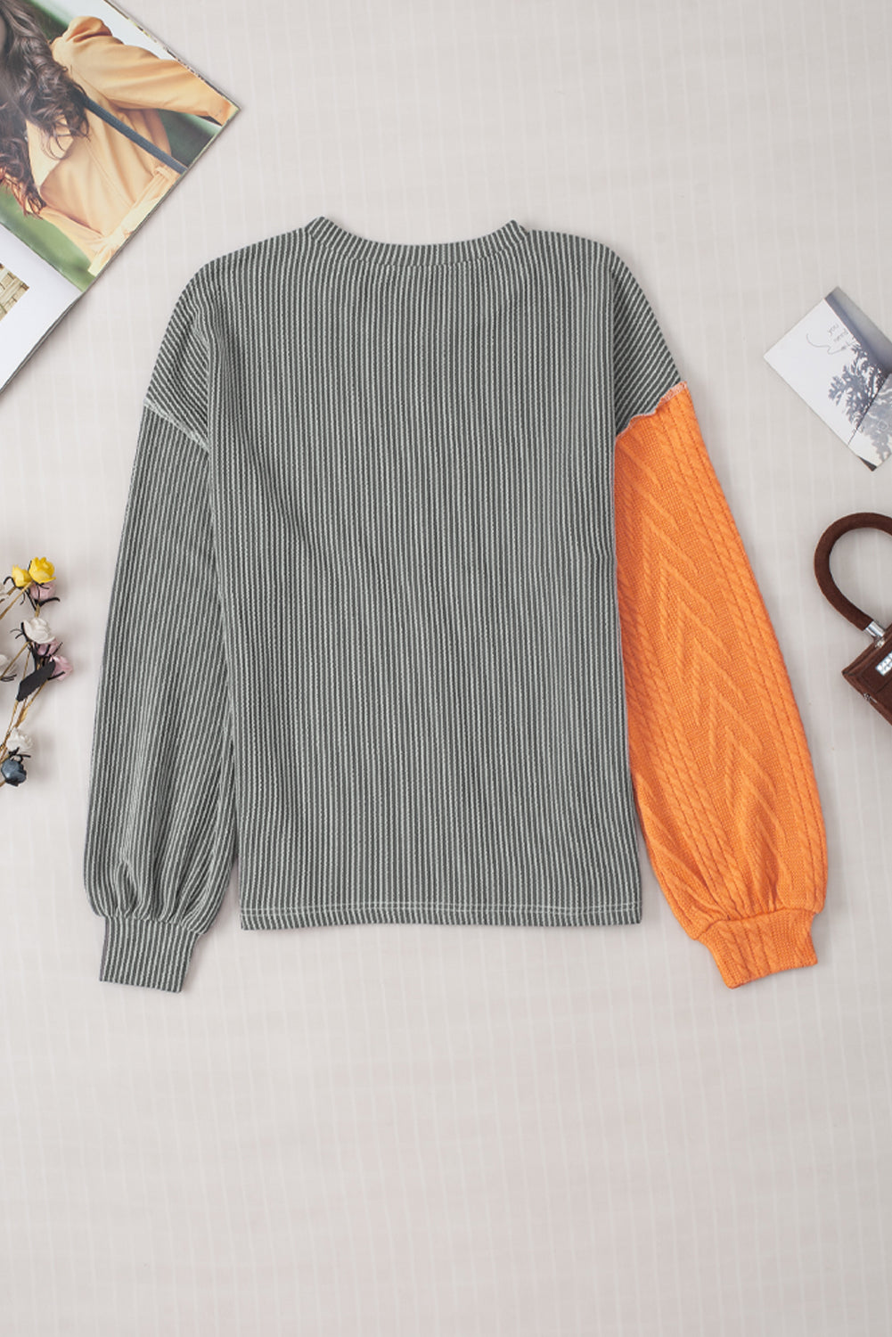 Orange Mixed Texture Color Block Long Sleeve Top. GCollection