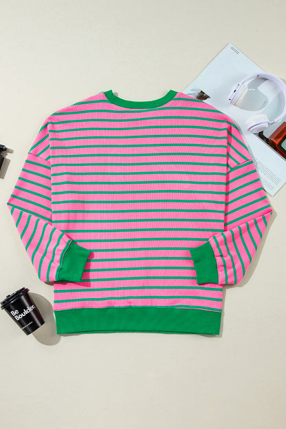 Pink Stripe Waffle Knit Crew Neck Plus Size Sweatshirt. PS Collection