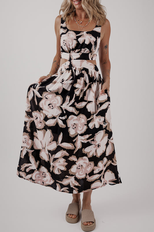 Black Floral Cutout Square Neck Maxi Dress. GCollection
