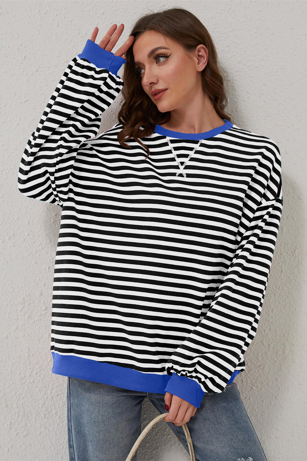 Black Stripe Oversized Contrast Trim Sweatshirt. GCollection