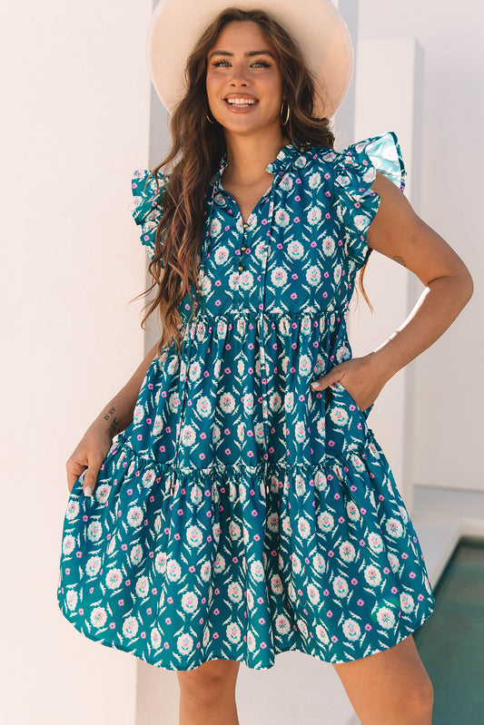 Blue Retro Floral Print Split Neck Ruffle Short Sleeve Dress. GCollection