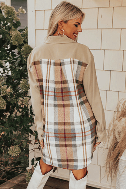 Khaki Plaid Long Sleeve Shirt Dress. GCollection