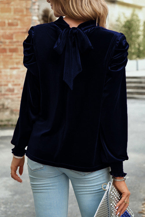 Navy velvet long sleeves blouse