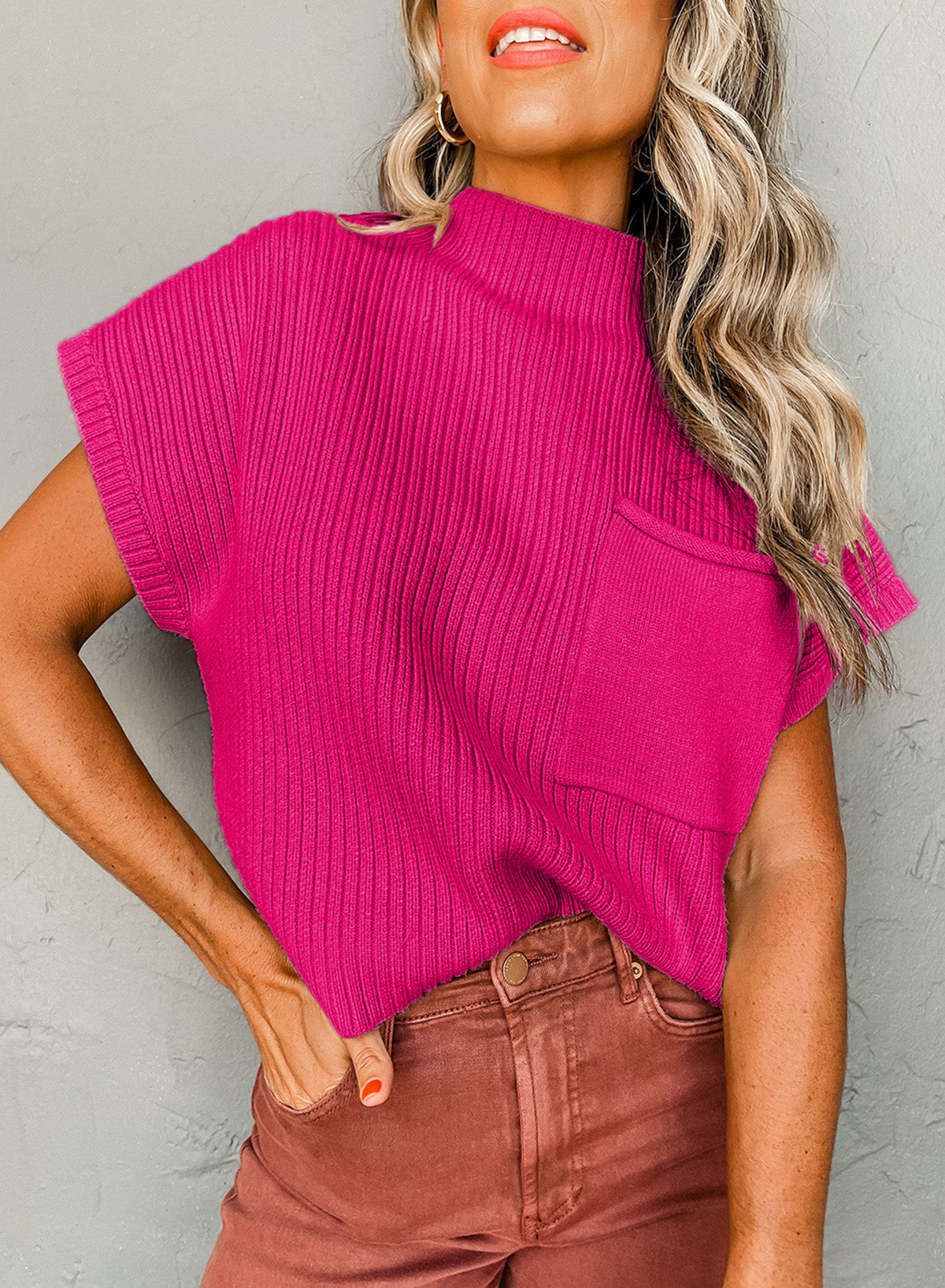 Rose Red Patch Pocket Ribbed Knit Sweater Top. GCollection