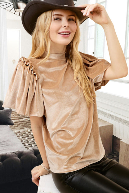 Beige Frilly Puff Sleeve Velvet Blouse. GCollection