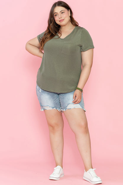 Mist Green Plus Corded V Neck Tee. PSCollection