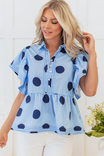 Sky Blue Polka Dot Print Ruffled Blouse. GCollection