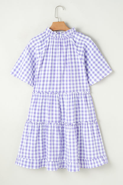 Plaid Ruffle Wide Short Sleeve Babydoll Mini Dress. GCollection