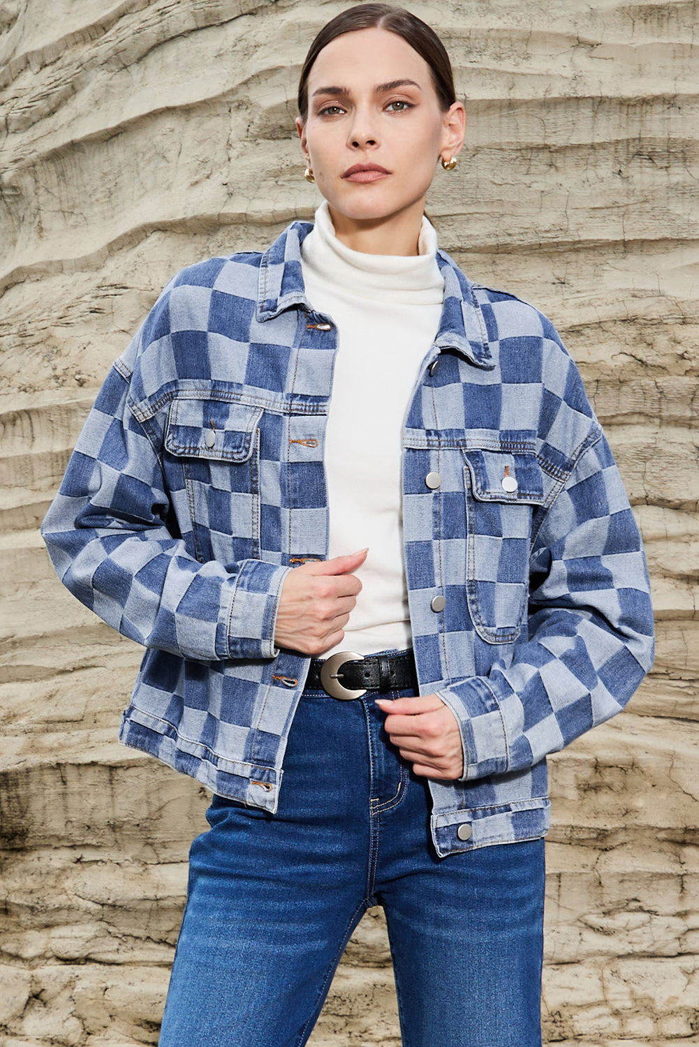 Light Blue Checkered Button up Denim Jacket. GCollection