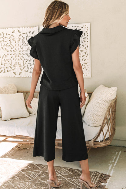 Black Textured Flutter Sleeve Top Wide Leg Pants Set. GCollection