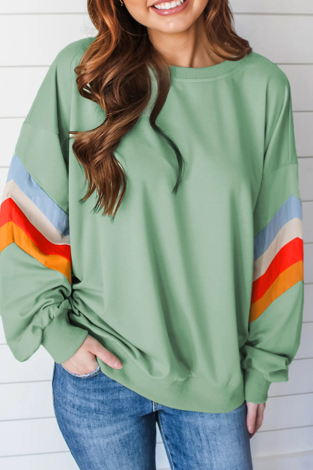 Rainbow Striped Sleeve Crew Neck Loose Sweatshirt. GCollection