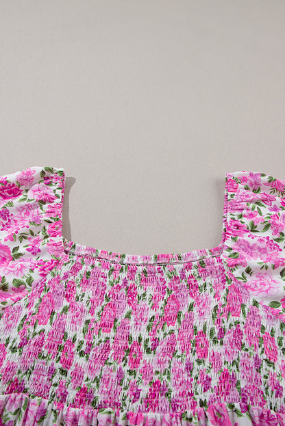 Pink Floral Print Smocked Puff Sleeve Dress. PSCollection