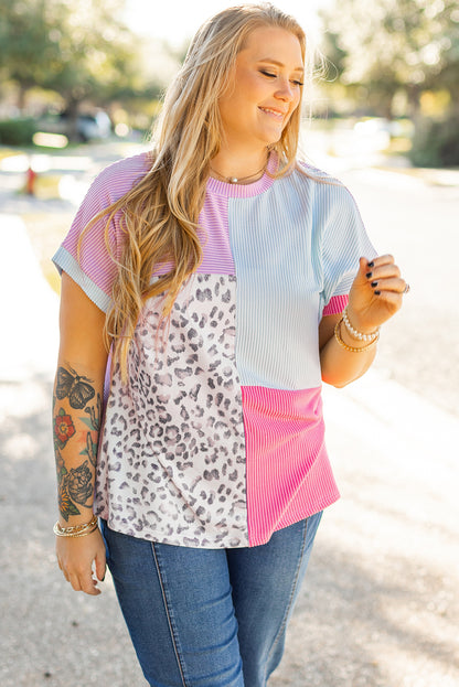 Rose Red Leopard Colorblock Plus Size T Shirt. PSCollection