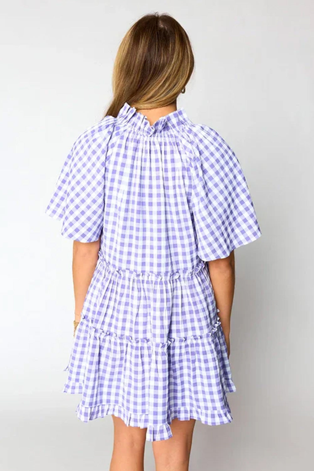 Plaid Ruffle Wide Short Sleeve Babydoll Mini Dress. GCollection